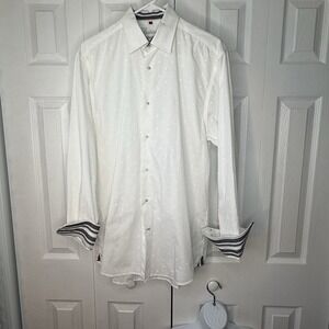 Luchiano Visconti Black Men's Med‎ White  Shirt Textured Blue Embroid Flip Cuff